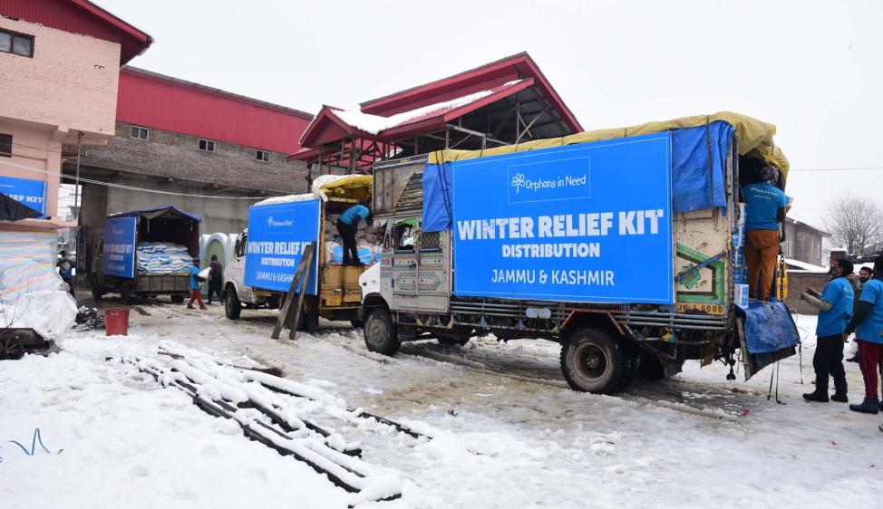 The Winter Relief kits, containing vital food and blankets, are unloaded ready to be distributed to desperate orphans and windows in Jammu and Kashmir.